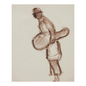 Mid 20th Century French Impressionist Study of Musician Sepia Watercolor Painting