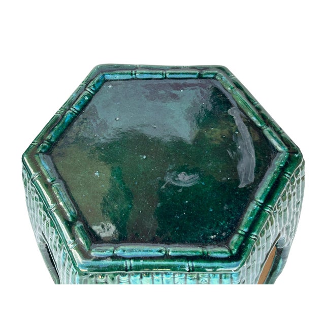 Asian Hexagon Green Open Window Flower Bamboo Motif Clay Garden Stool Table For Sale - Image 9 of 9