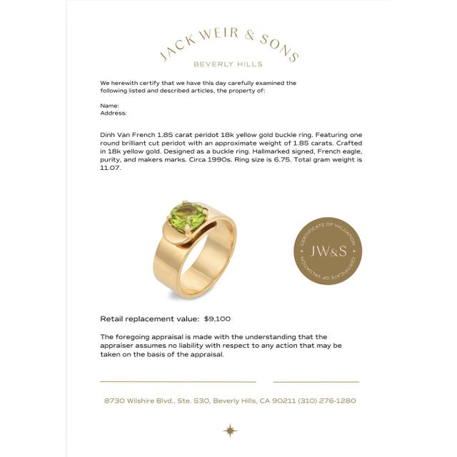 Metal 1990s Dinh Van French 1.85 Carat Peridot 18k Yellow Gold Buckle Ring, Size 6.75 For Sale - Image 7 of 7