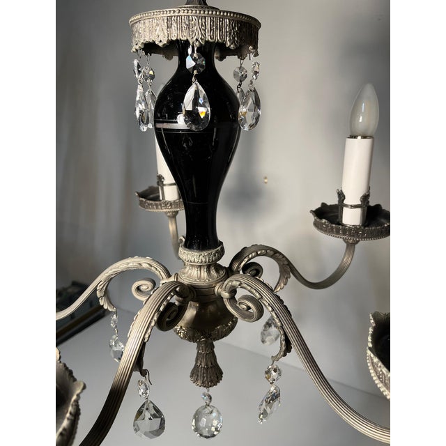 Antique Five-Arm Metal, Black Glass and Crystal Chandelier For Sale - Image 4 of 15