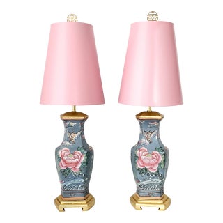 Pair Vintage Chinese Porcelain Table Lamps - Completely Restored With Painted Pink Shades & Finials & Gold Leaf Bases For Sale