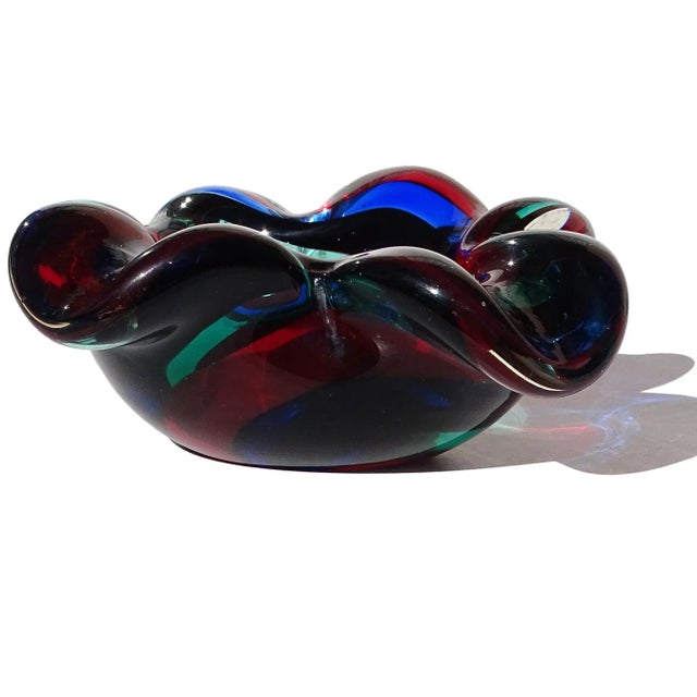 Murano Murano Vintage Red Black Blue Aqua Swirl Design Italian Art Glass Flower Shaped Ashtray Bowl For Sale - Image 4 of 8