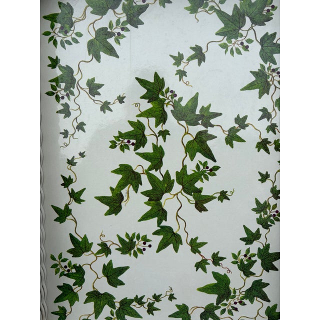 Boho Chic Vintage White Faux Wicker Green Ivy Vine Serving Tray For Sale - Image 3 of 18