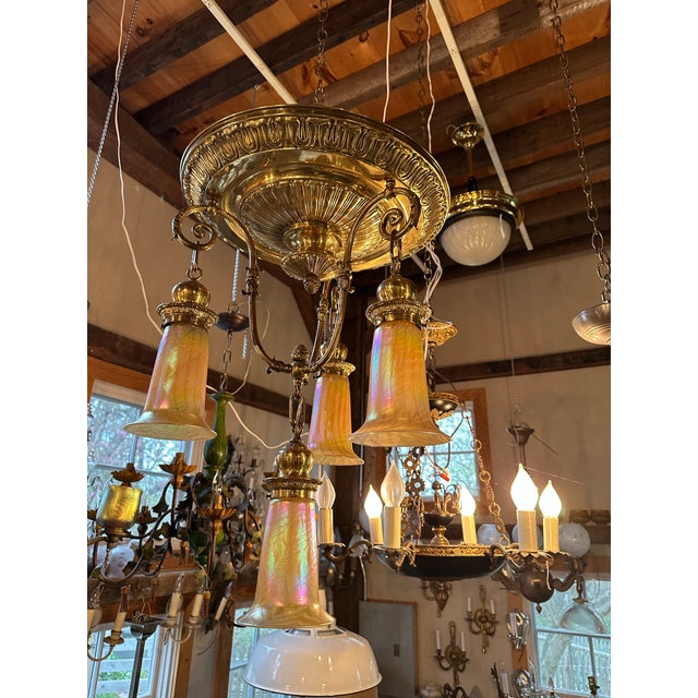 Brass Vintage 4 Light Brass Ceiling Fixture With Lundberg Studios Art Glass Shades For Sale - Image 8 of 8