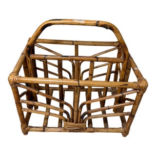 Vintage MCM Burnt Bamboo Magazine Rack Twin Compartment Boho Tiki Accent Stand For Sale