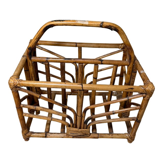Vintage MCM Burnt Bamboo Magazine Rack Twin Compartment Boho Tiki Accent Stand For Sale