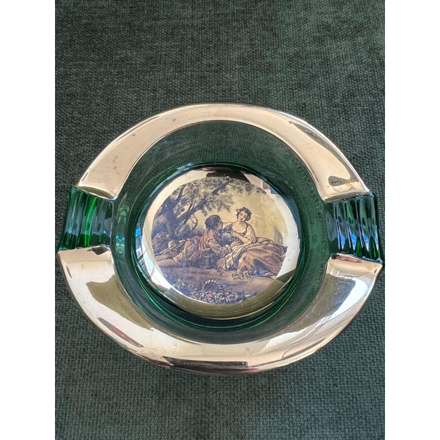 Vintage Italian Romeo & Juliet Ashtray Trinket Dish Green Glass With Gold 1950 For Sale - Image 4 of 12