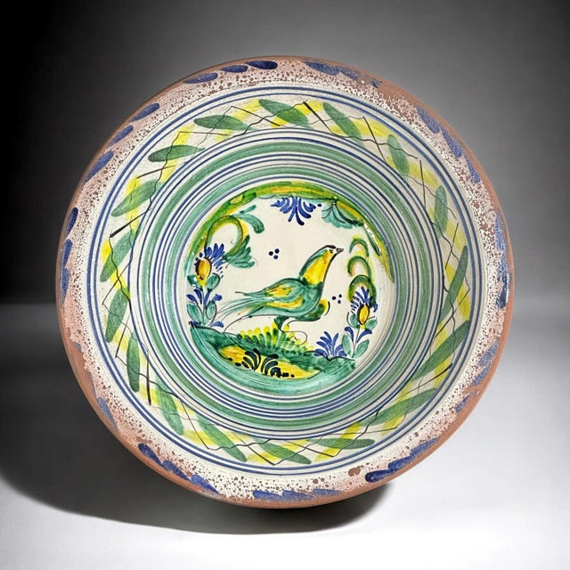 Green Spanish Ceramic Lebrillo Plate with Painted Bird, Triana, 1920s For Sale - Image 8 of 8