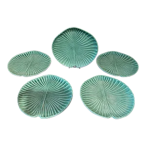 Late 20th Century Olfaire Leaf Dinner Green Ceramic Plates, Made in Portugal - Set of 5
