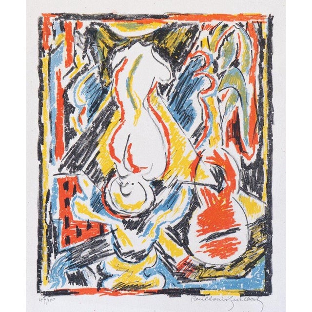 This midcentury lithograph on paper by French painter and printmaker Paul-Louis Guilbert (1886-1952) depicts a still life...