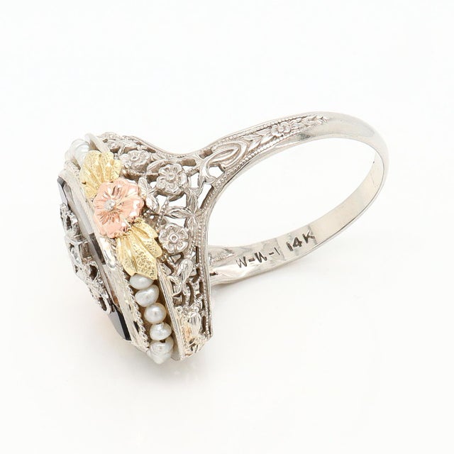 Art Deco 14k Gold, Diamond, Seed Pearl, Rock Crystal, and Onyx Filigree Cocktail Ring For Sale - Image 11 of 11