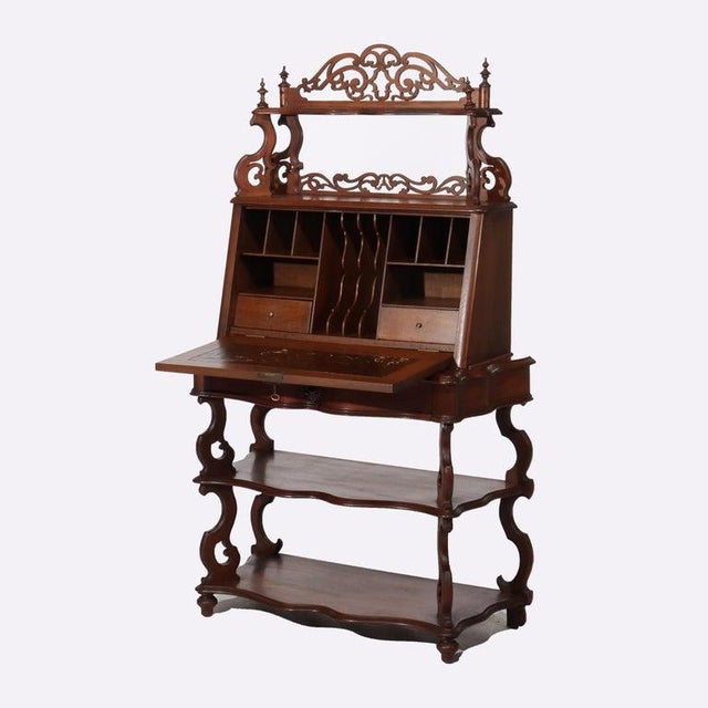 Antique Victorian Rococo Walnut Drop Front Lady’s Desk C1880 For Sale - Image 9 of 11
