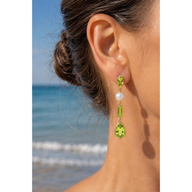 Metal Peridot & Pearl Drop Earrings Studs, Silver, Gold, Pair For Sale - Image 7 of 7