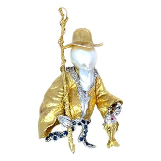 14k Two-Tone Gold Fisherman Brooch With Baroque Pearl, Diamond, Sapphire & Ruby For Sale