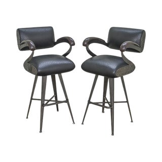 Eiffel Pair of Mid Century Modern Style Black Faux Ostrich Leather Swivel Metal Bar Stools For Sale