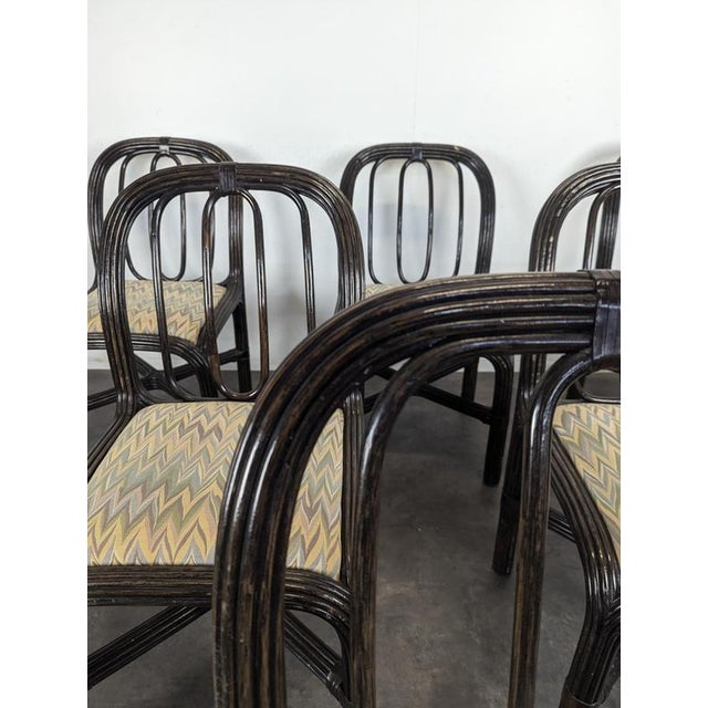 1970s Black Lacquered Rattan Chairs with Fabric Seats, 1970s, Set of 6 For Sale - Image 5 of 10