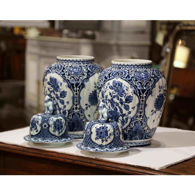 Traditional Pair of Mid-Century Dutch Delft Blue and White Faience Ginger Jars For Sale - Image 3 of 10