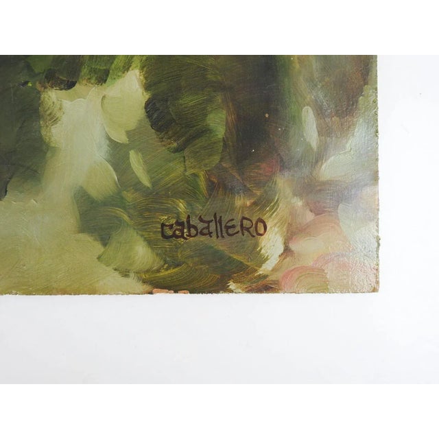 Vintage late 20th century oil on masonite painting of pink flowers and bee in garden. Signed Caballero lower right corner....