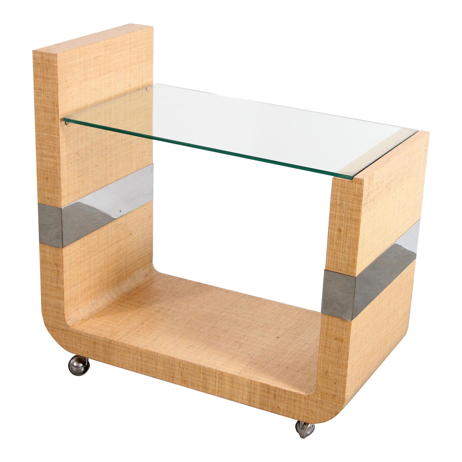 Mid Century Modern Lacquered Grasscloth & Chrome Bar Cart After Karl Springer