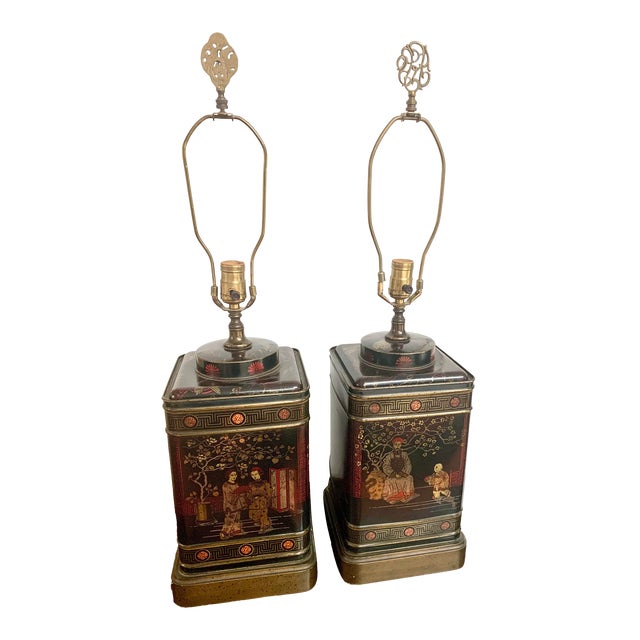 Vintage Asian Fredrick Cooper Tin Tea Table Lamp - a Pair For Sale