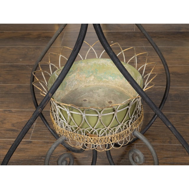 French Turn of the Century 1900s Two-Tiered Green Painted Oval Jardinière For Sale - Image 11 of 11