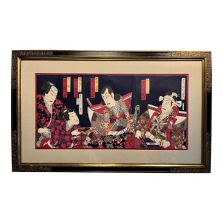 Original 19th Century Toyohara Kunichika Japanese Woodblock Print Triptych Framed For Sale