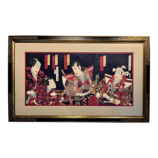 Original 19th Century Toyohara Kunichika Japanese Woodblock Print Triptych Framed For Sale