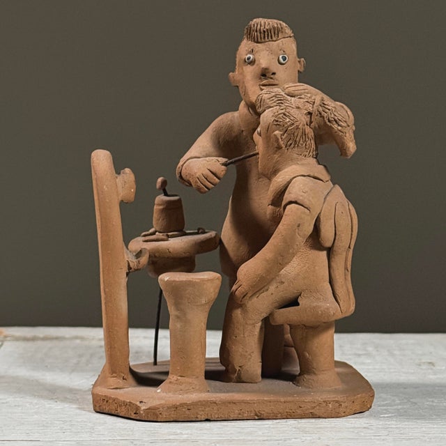 Vintage Brazilian Folk Art Sculpture of Dentist and Patient João Vitalino, Signed (c. 1970) Terracotta, hand-built...
