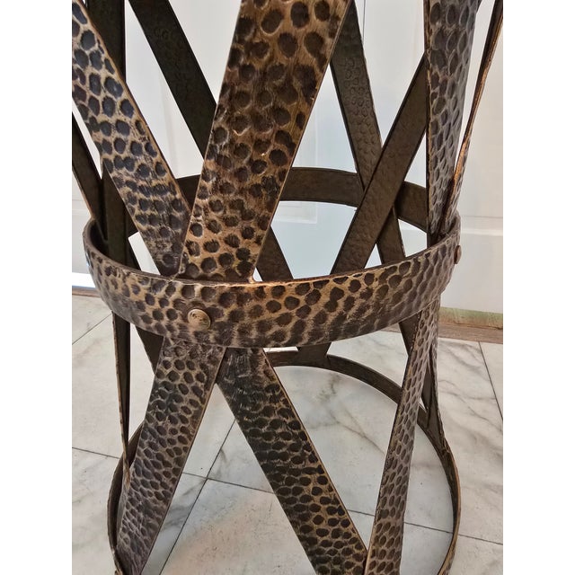 A designer hand hammered vintage X style side table / tall drink table . Having a very compelling deep indentation...