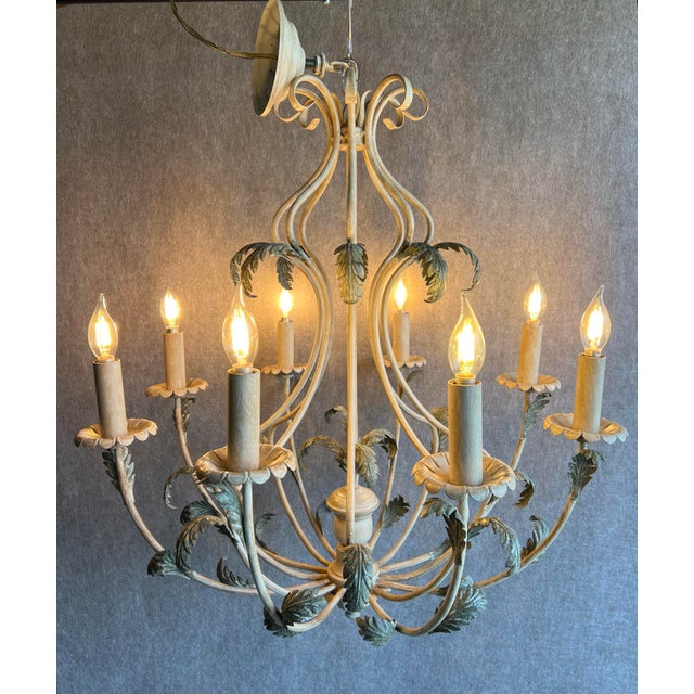 Vintage Late 20th Century Italian Green Acanthus Leaves 8 Light Tole Chandelier For Sale - Image 12 of 12