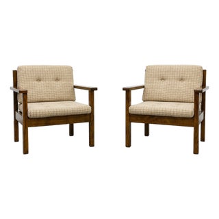 Pair - Mid Century Modern Lounge Chairs | Solid Wood Frame Armchairs | Vintage Upholstered Walnut Chairs, C. 1960’s For Sale