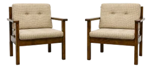 Pair - Mid Century Modern Lounge Chairs | Solid Wood Frame Armchairs | Vintage Upholstered Walnut Chairs, C. 1960’s