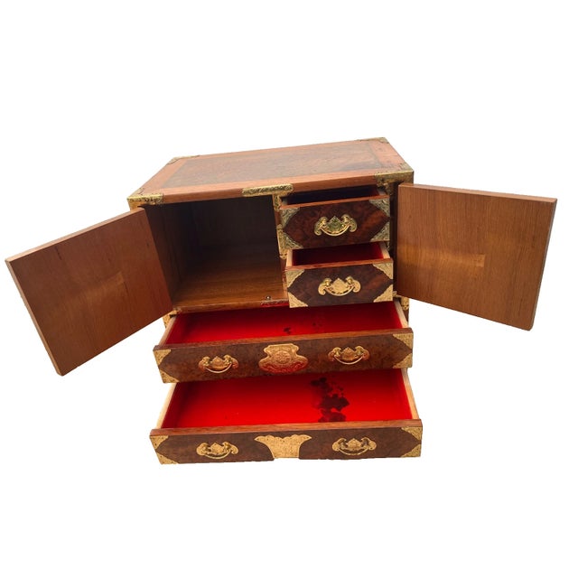 Asian Vintage Korean Elm Burl Brass Bound Bandaji Small Chest Wedding Cabinet Felt For Sale - Image 3 of 12
