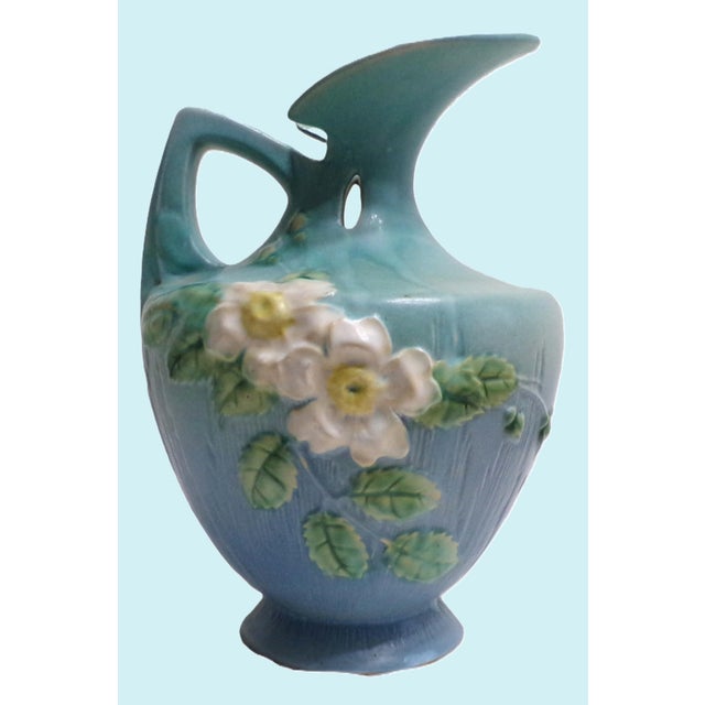Roseville Pottery 1940s Roseville Pottery Pitcher, Blue & White Flowers and Leaves - Large (10 Inches Tall) For Sale - Image 4 of 12