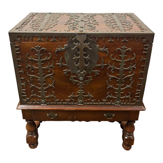 Late 20th Century Vintage Tudor Style Wood and Iron Trunk on Stand For Sale