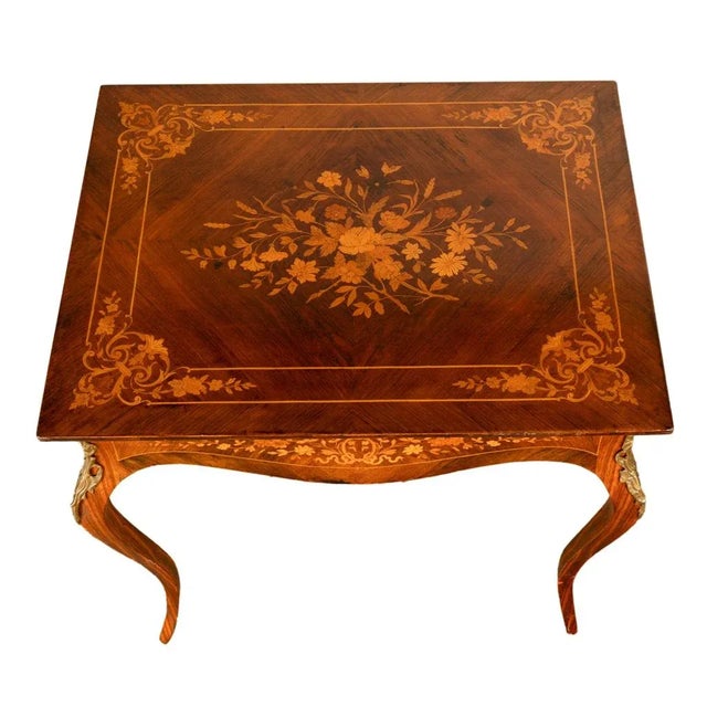 Antique Louis XV Ormolu Mounted Inlaid Marquetry Rosewood Center Side Table 1890 For Sale - Image 9 of 14