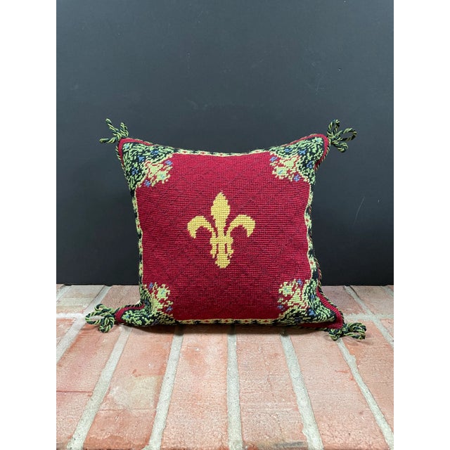 French style throw pillow with a wool needlepoint fleur-de-lis design. Backed in tan cotton velvet with green cord trim....
