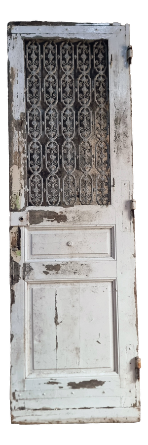 Antique Oak Front Door with Cast Iron Grill, 1890s