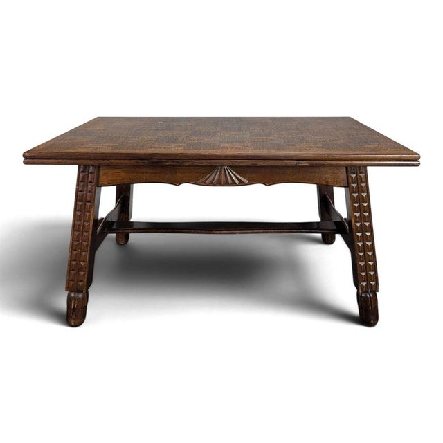 Art Deco Extendable Oak Table with Checkerboard Top in the style of Charles Dudouyt, 1930s For Sale - Image 12 of 12