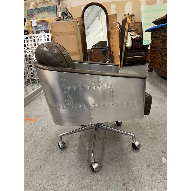 Restoration Hardware Restoration Hardware Teen Brown Leather & Aluminum “Aviator” Office Chair For Sale - Image 4 of 10