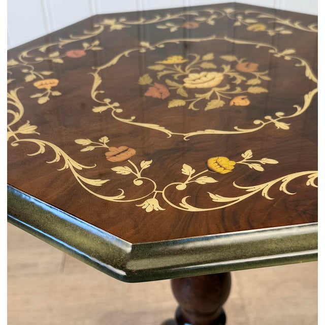 1970s Vintage Italian Rococo Floral Marquetry Fruitwood Octagonal Side Table For Sale - Image 5 of 9