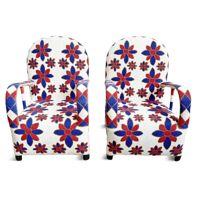 Blue, Red, & White Vintage Yoruba Beaded Chair For Sale In Los Angeles - Image 6 of 8