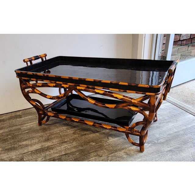 Brown Vintage Chinoiserie Faux Bamboo & Tessellated Horn Tray Top Coffee Table For Sale - Image 8 of 17