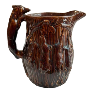 Vintage Rockingham “Hunt Scene” Clay Molded Pitcher With Hound Handle, Usa