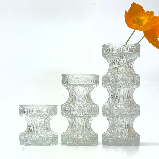 Transparent textured glass vases, set of 3. This is a curvaceous set of 1970s textured rock crystal glass vases with a...