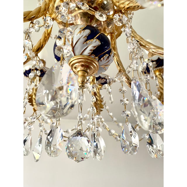 Large Blue Ceramic Chandelier with Crystal Pendants For Sale - Image 4 of 12