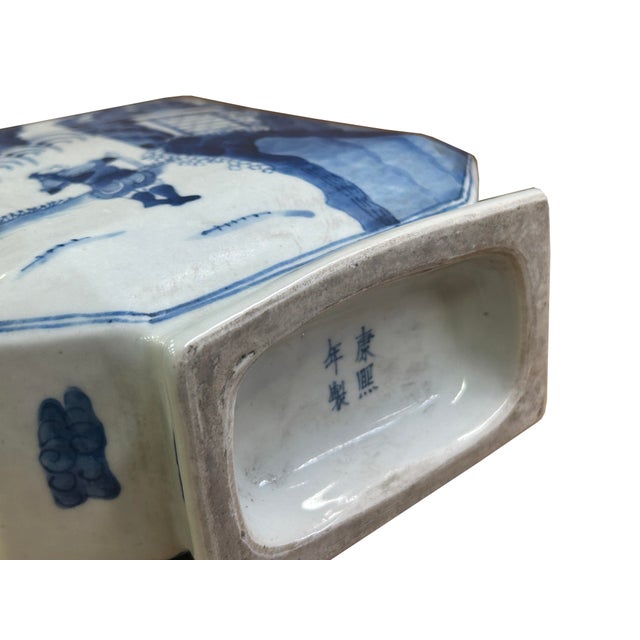Chinese Blue White Porcelain Hexagonal Figural Graphic Art Vase For Sale - Image 15 of 15