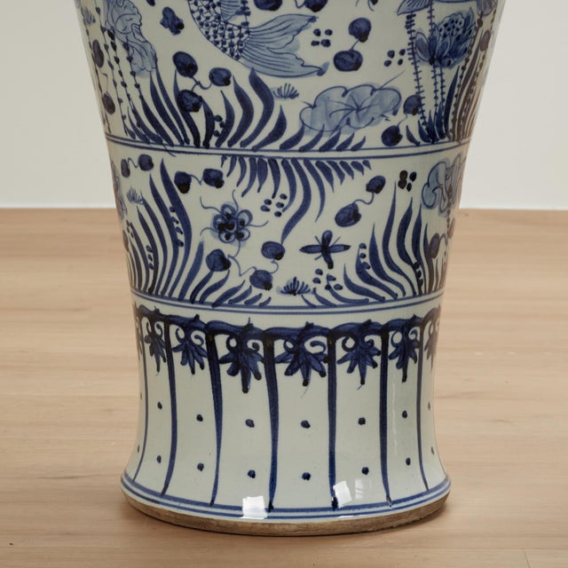 2020s Large Pair of Chinese Blue and White Porcelain Lidded Urns For Sale - Image 5 of 13