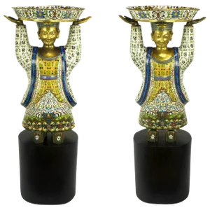 and Palatial, Cloisonne Vessel-Bearing Figures - a Pair