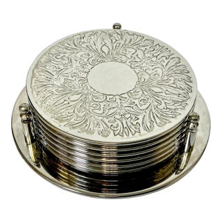 Mid Century Hollywood Regency Chippendale Silver Plate Acanthus Leaf Coasters - Set of 7 For Sale